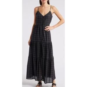 TREASURE & BOND Front-Button Tiered Maxi Dress in Black Plaid Size XS